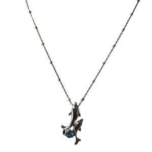 Silver 18ktgp Necklace Double Dolphin Pendant Blue Crystal Rhinestone 18" 5.89g